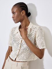 Apricot Natural 100% Cotton Crochet Collar Coconut Button Top - Image 4 of 4