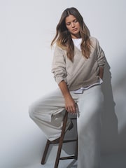The Set Taupe Brown/Light Pink/ Blue Knitted V-Neck Jumpers With Wool 3 Pack - Image 1 of 11