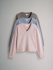 The Set Taupe Brown/Light Pink/ Blue Knitted V-Neck Jumpers With Wool 3 Pack - Image 2 of 11