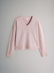 The Set Taupe Brown/Light Pink/ Blue Knitted V-Neck Jumpers With Wool 3 Pack - Image 9 of 11