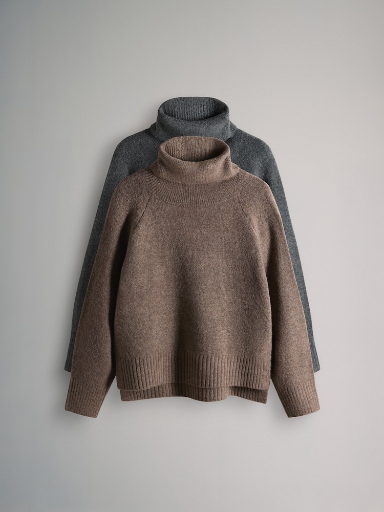 The Set Brown Marl/Charcoal Grey Marl 2 Pack Knitted Roll Neck Jumpers - Image 1 of 5 The Set Brown Marl/Charcoal Grey Marl 2 Pack Knitted Roll Neck Jumpers - Image 1 of 5