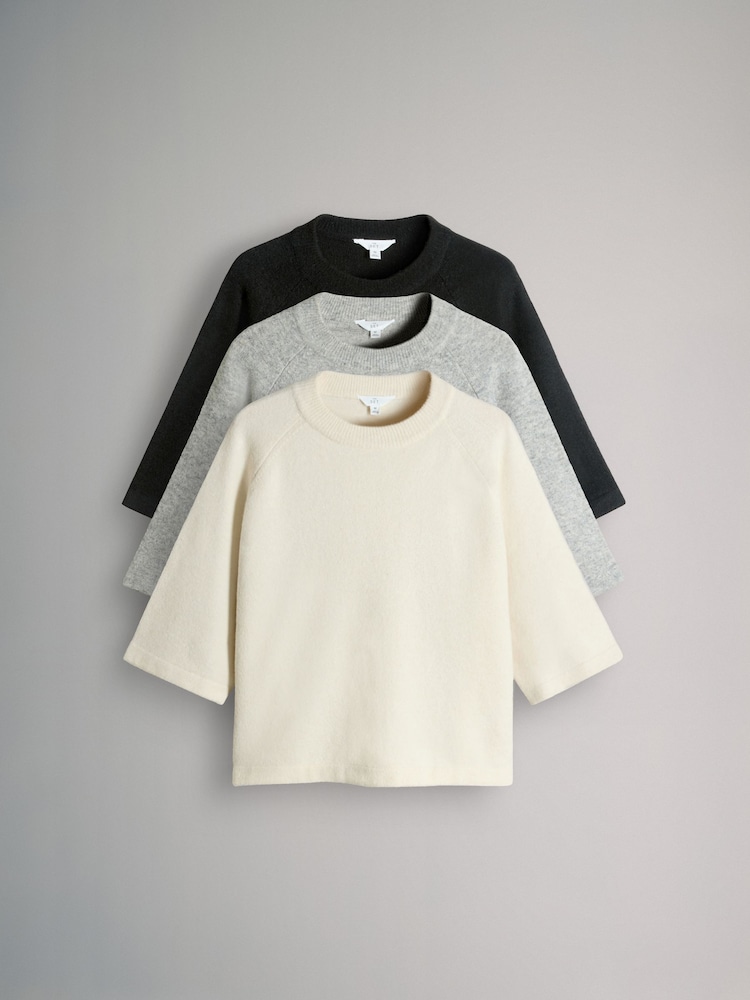 The Set Black/Grey Marl/Cream 3 Pack Knitted T-Shirt With Wool - Image 2 of 11 The Set Black/Grey Marl/Cream 3 Pack Knitted T-Shirt With Wool - Image 2 of 11