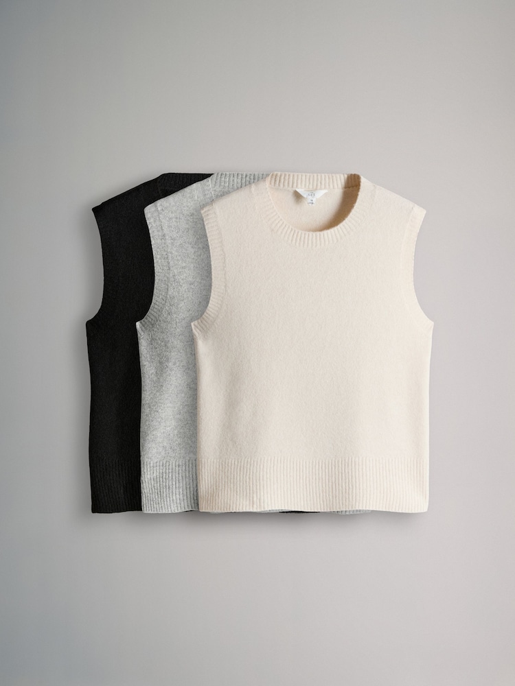 The Set Black/Grey Marl/Cream 3 Pack Knitted Vest Tank Tops With Wool - Image 2 of 7 The Set Black/Grey Marl/Cream 3 Pack Knitted Vest Tank Tops With Wool - Image 2 of 7