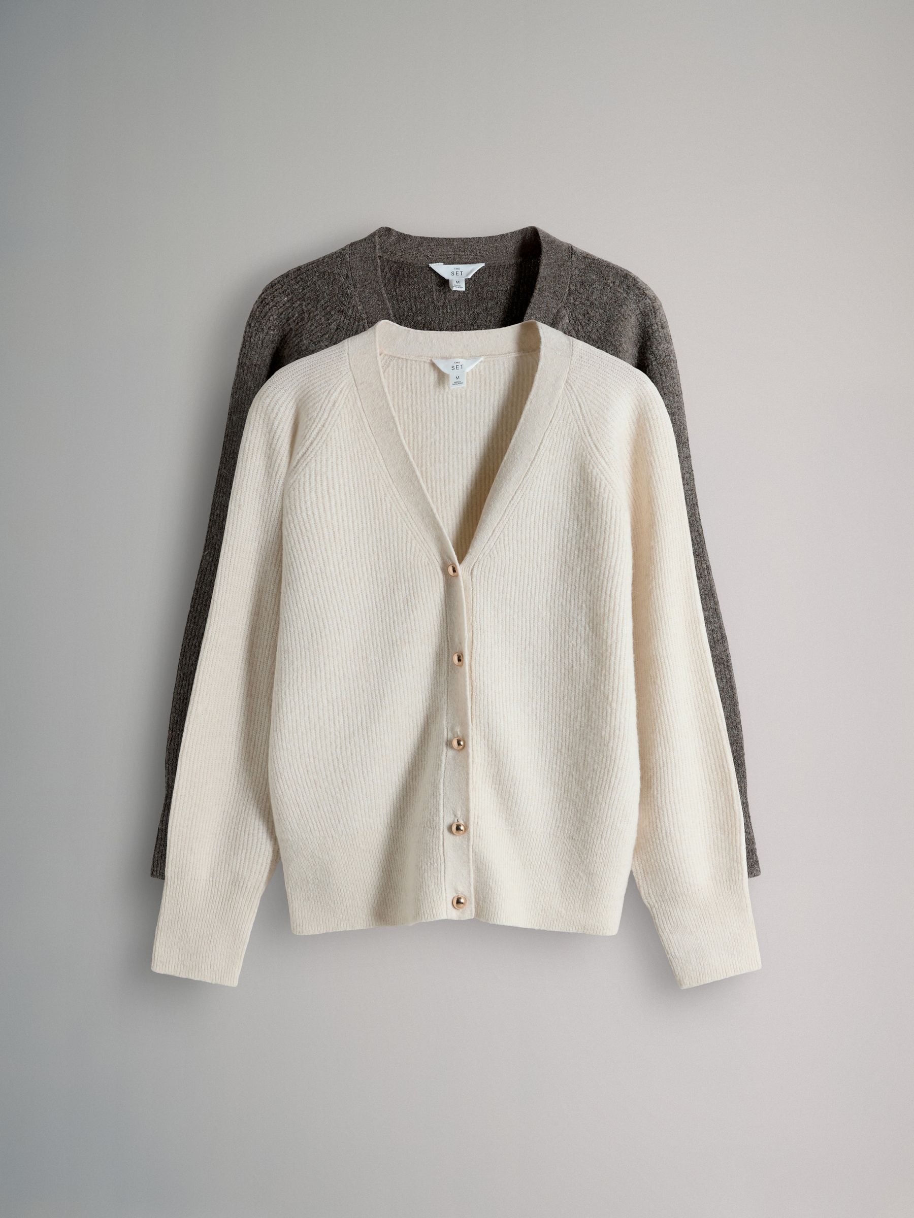 The Set 2 Pack Chunky Rib Knitted Cardigans With Wool Brown Marl/Cream