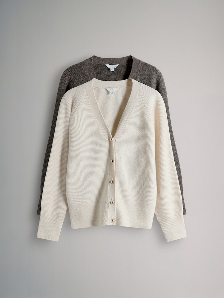 The Set Pink/Brown 2 Pack Chunky Rib Knitted Cardigans With Wool - Image 1 of 6 The Set Pink/Brown 2 Pack Chunky Rib Knitted Cardigans With Wool - Image 1 of 6