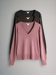 The Set Black/Chocolate Brown/Pink 3 Pack V-Neck Fine Knit Jumpers - Image 1 of 6
