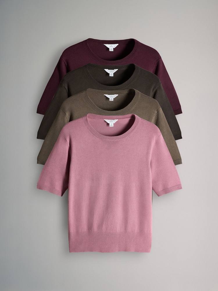 The Set Chocolate Brown/Burgundy/Dark Pink/Brown 4 Pack 4 Pack Fine Knit T-Shirts - Image 1 of 7 The Set Chocolate Brown/Burgundy/Dark Pink/Brown 4 Pack 4 Pack Fine Knit T-Shirts - Image 1 of 7