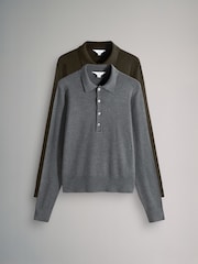 The Set Chocolate Brown/Grey Marl Fine Knit Collared Polo Jumpers 2 Pack - Image 1 of 5