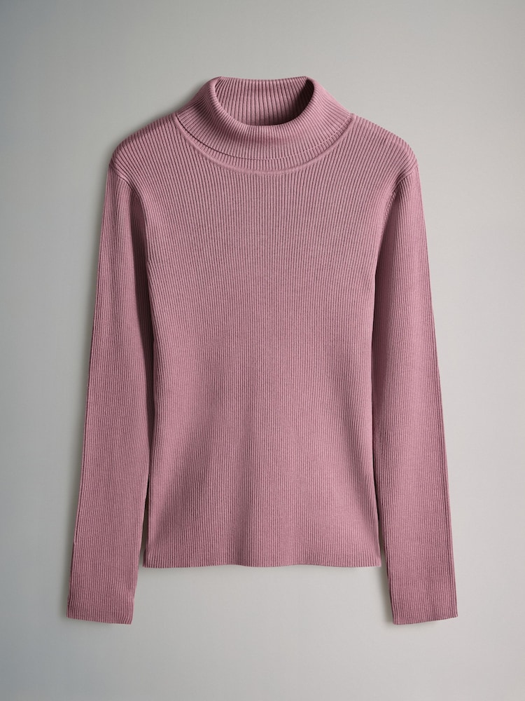 The Set Chocolate Brown/Dark Pink/Brown 3 Pack Ribbed Knit Roll Neck Tops - Image 2 of 6