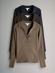 The Set Chocolate Brown/Navy Blue/Taupe Brown 2 Pack Ribbed Polo V-Neck Jumpers - Image 1 of 6