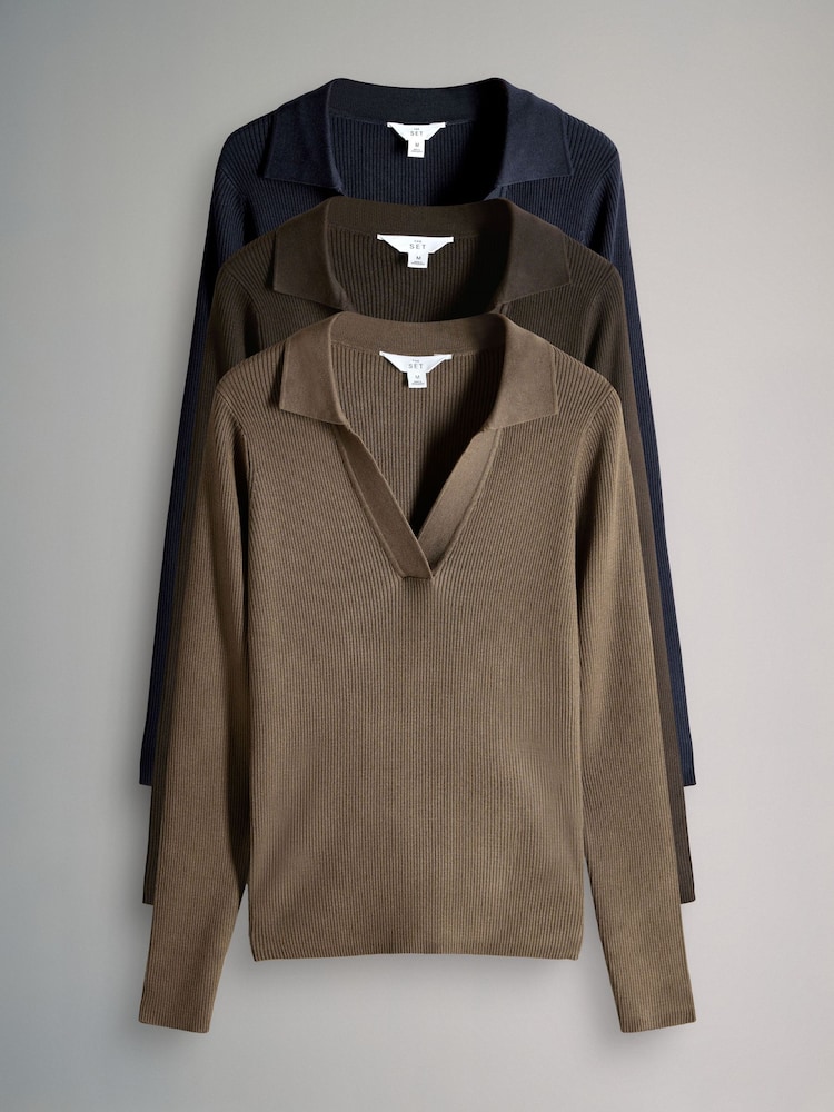 The Set Chocolate Brown/Navy Blue/Taupe Brown 2 Pack Ribbed Polo V-Neck Jumpers - Image 1 of 6
