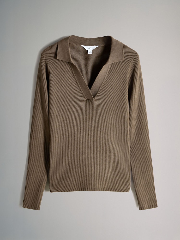The Set Chocolate Brown/Navy Blue/Taupe Brown 2 Pack Ribbed Polo V-Neck Jumpers - Image 2 of 6