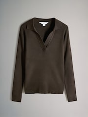 The Set Chocolate Brown/Navy Blue/Taupe Brown 2 Pack Ribbed Polo V-Neck Jumpers - Image 4 of 6