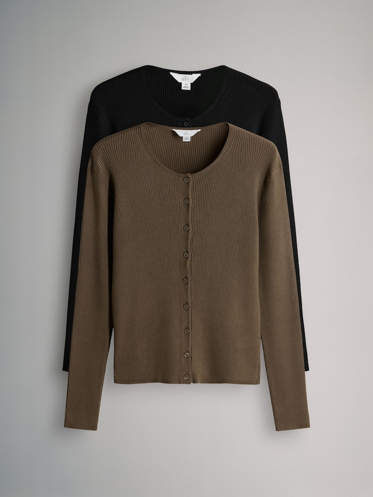 The Set Black/Brown 2 Pack Ribbed Knit Cardigans - Image 2 of 13
