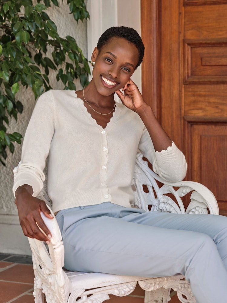 Pure Collection Cream Cashmere Crop Scalloped Cardigan - Image 1 of 3