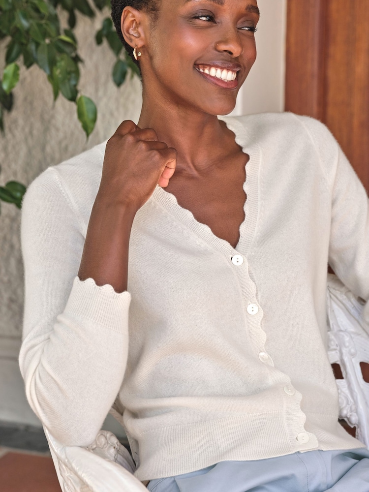 Pure Collection Cream Cashmere Crop Scalloped Cardigan - Image 3 of 3