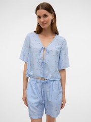 VERO MODA Blue Cherry Print Tie Front Blue Blouse - Image 1 of 4