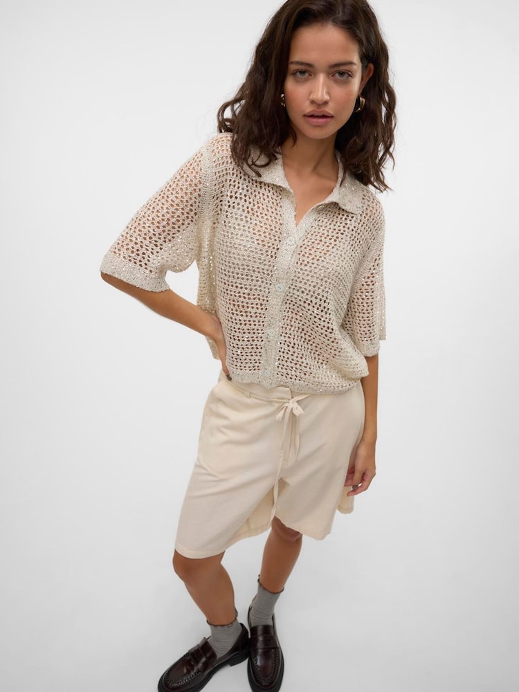 VERO MODA Cream Sequin Polo Knitted Cardigan - Image 1 of 5