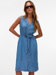 VERO MODA Blue Sleeveless Tencel Tie Belt Dress - Image 1 of 4