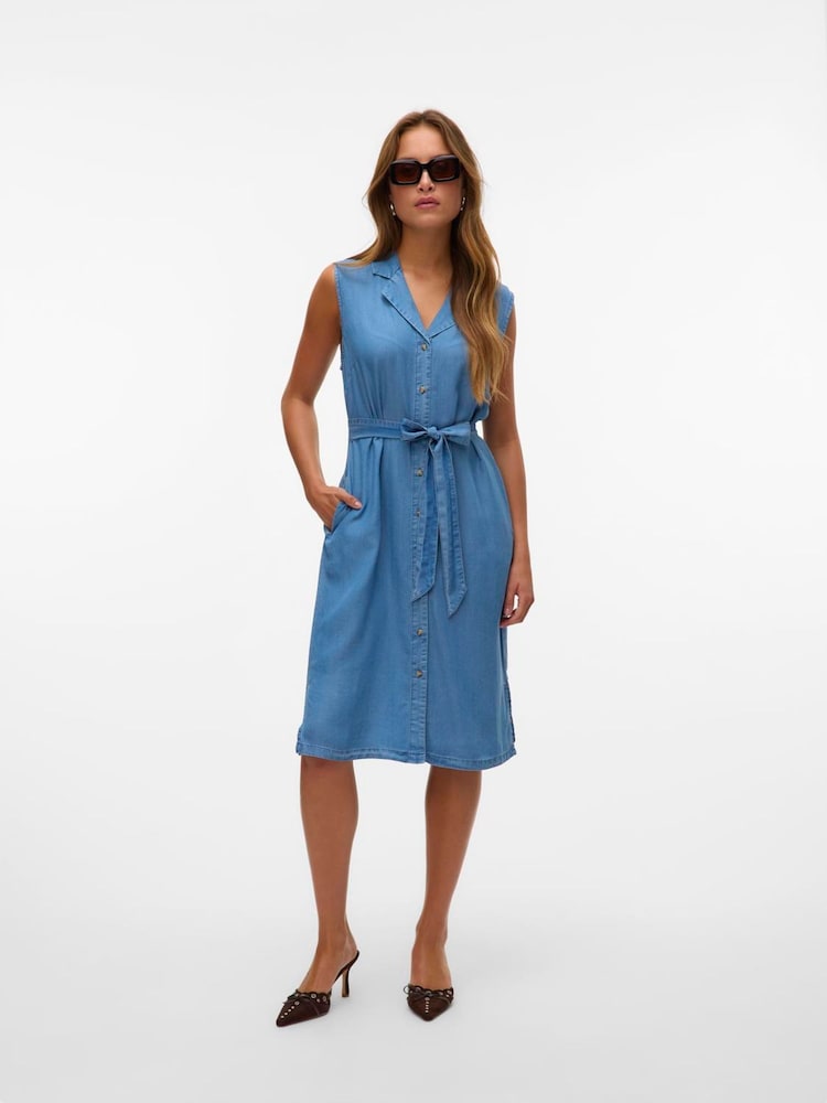 VERO MODA Blue Sleeveless Tencel Tie Belt Dress - Image 3 of 4