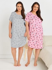 Yours Curve Pink Dipped Back Nightdress 2 Pack - Image 1 of 8