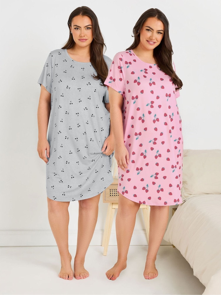 Yours Curve Pink Dipped Back Nightdress 2 Pack - Image 1 of 8
