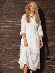 Long Tall Sally White Broderie Anglaise Maxi 100% Cotton Shirt Dress - Image 1 of 5