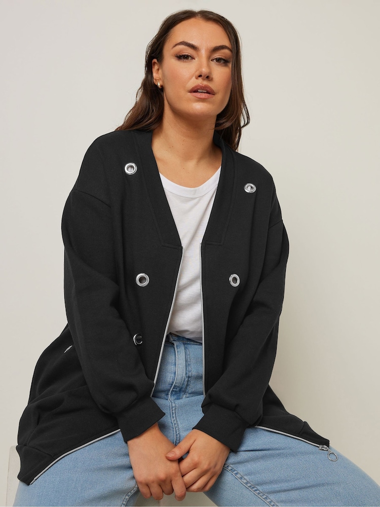 Yours Curve Black Eyelet Zip Up Jacket - Image 1 of 5