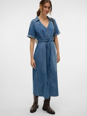 VERO MODA Blue Belted Denim Shirt Dress - Image 1 of 4