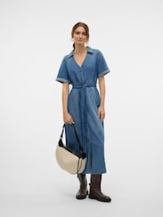 VERO MODA Blue Belted Denim Shirt Dress - Image 3 of 4