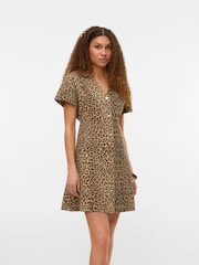 VERO MODA Brown Leopard Print Denim 100% Cotton Button-Up Mini Dress - Image 1 of 4