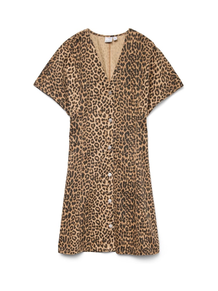 VERO MODA Brown Leopard Print Denim 100% Cotton Button-Up Mini Dress - Image 4 of 4