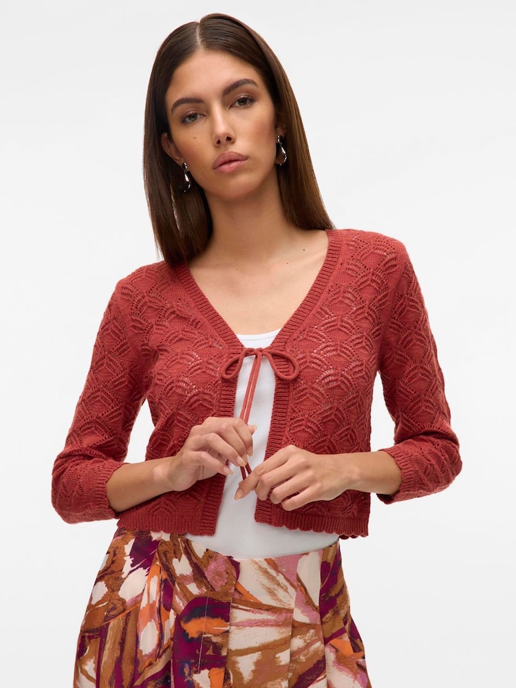 VERO MODA Red Crochet Knitted Tie Front Cardigan - Image 1 of 4