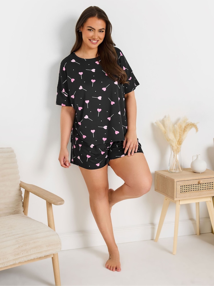أسود - Yours Curve Cropped Shorts Pyjamas Set - صورة 1 من 5