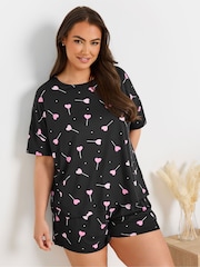 أسود - Yours Curve Cropped Shorts Pyjamas Set - صورة 3 من 5