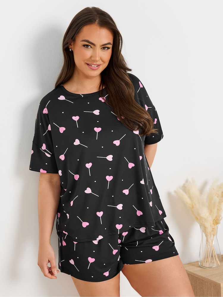 Yours Curve Black Cropped Shorts Pyjamas Set - Image 3 of 5