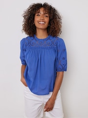 M&Co Blue 100% Cotton Broderie Short Sleeve T-Shirt - Image 1 of 6