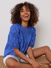 M&Co Blue 100% Cotton Broderie Short Sleeve T-Shirt - Image 5 of 6