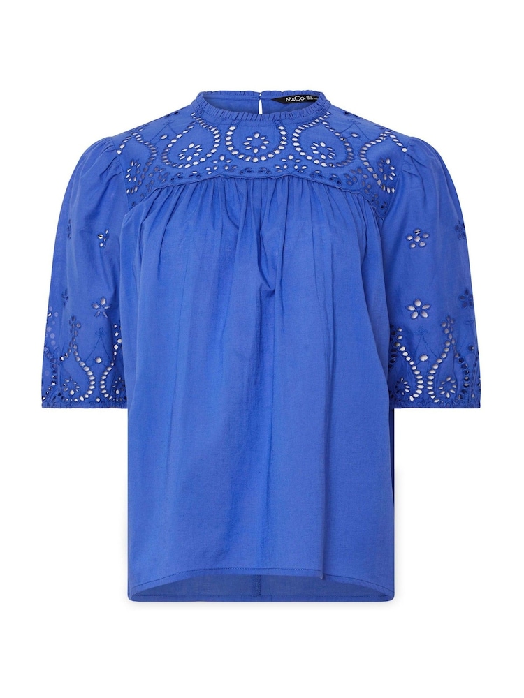 M&Co Blue 100% Cotton Broderie Short Sleeve T-Shirt - Image 6 of 6