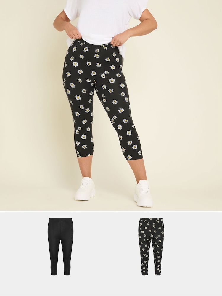 Yours Curve Black Cropped Leggings 2 Pack - Image 1 of 7