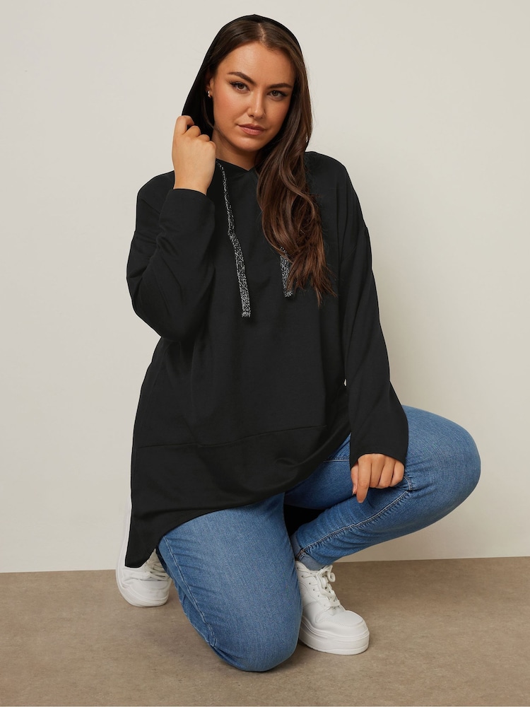 Yours Curve Black Dipped Back Swing Hoodie - Image 1 of 5