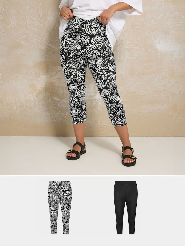 Yours Curve Black chrome Cropped Leggings 2 Pack - Image 1 of 6