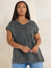 Yours Curve Grey Acid Wash Heavy Weight 100% Cotton Top - Image 1 of 5