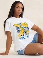 Yours Curve White Dolce Vita Placement 100% Cotton T-Shirt - Image 1 of 5