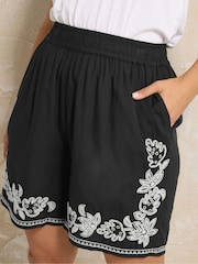 Yours Curve Black Embroidery Shorts - Image 1 of 4