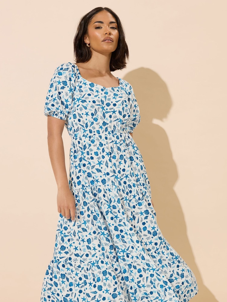 PixieGirl Petite Blue Seashells Puff Sleeve Midi Dress - Image 1 of 6