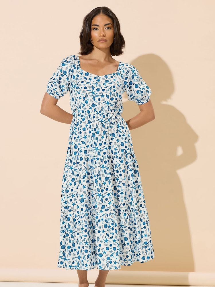 PixieGirl Petite Blue Seashells Puff Sleeve Midi Dress - Image 2 of 6