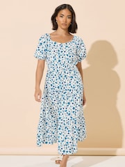 PixieGirl Petite Blue Seashells Puff Sleeve Midi Dress - Image 3 of 6