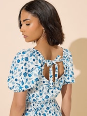 PixieGirl Petite Blue Seashells Puff Sleeve Midi Dress - Image 5 of 6