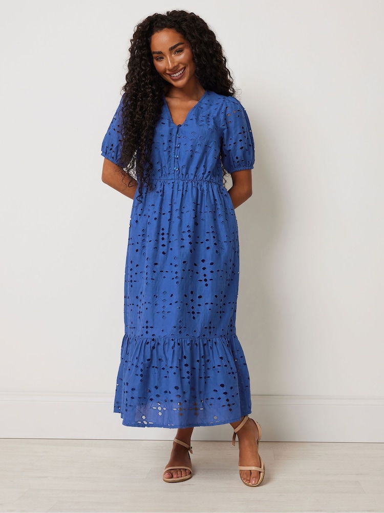 M&Co Blue Petite Embroidery Button 100% Cotton Dress - Image 1 of 5